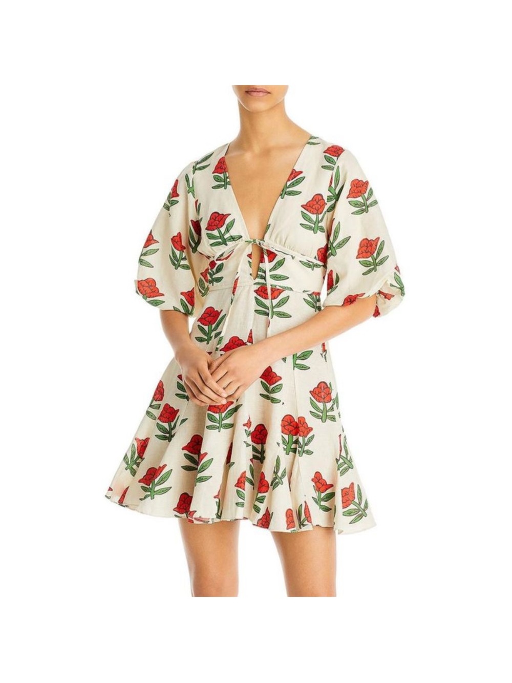 Rhode Floral Tie-Front Mini Dress in Cream with Red Roses
